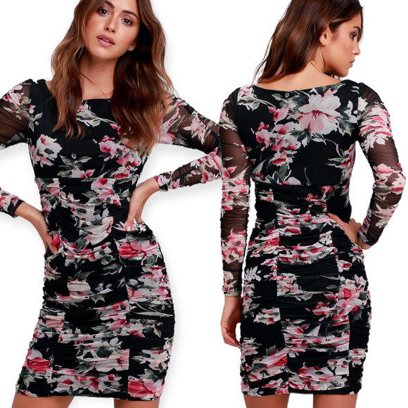 Lulu’s NWOT Womens Size Small Ruched Mesh Ayana Dress in Black Floral Print - Picture 1 of 9